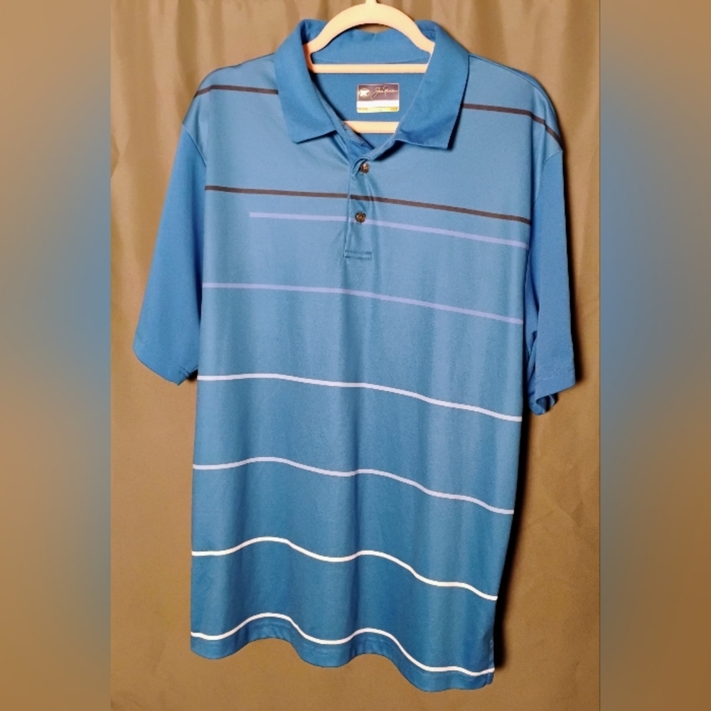 Men's Jack Nicklaus STAYDRI Bear Golf Polo Shirt Size L - Blue Striped